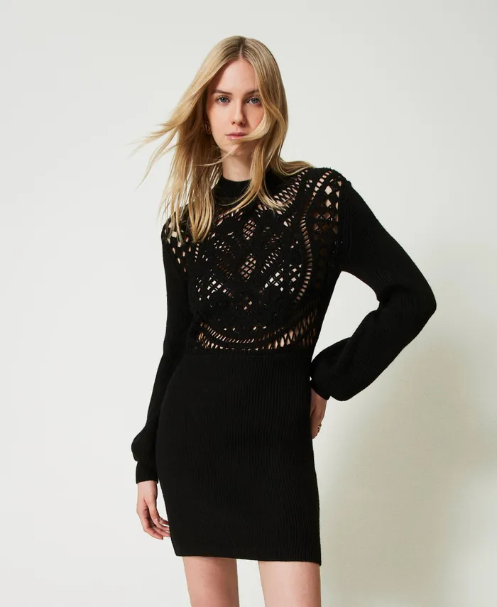Twinset Short Wool Blend Crochet Dress Black Women Dresses
