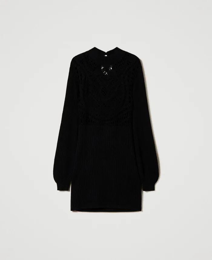 Twinset Short Wool Blend Crochet Dress Black Women Dresses Twinset Short Wool Blend Crochet Dress Black Women Dresses
