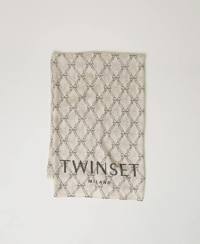Twinset Stole With Bow And Logo Print White Cream Black Bow Print Women Scarves