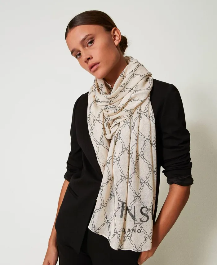 Twinset Stole With Bow And Logo Print White Cream Black Bow Print Women Scarves Twinset Stole With Bow And Logo Print White Cream Black Bow Print Women Scarves