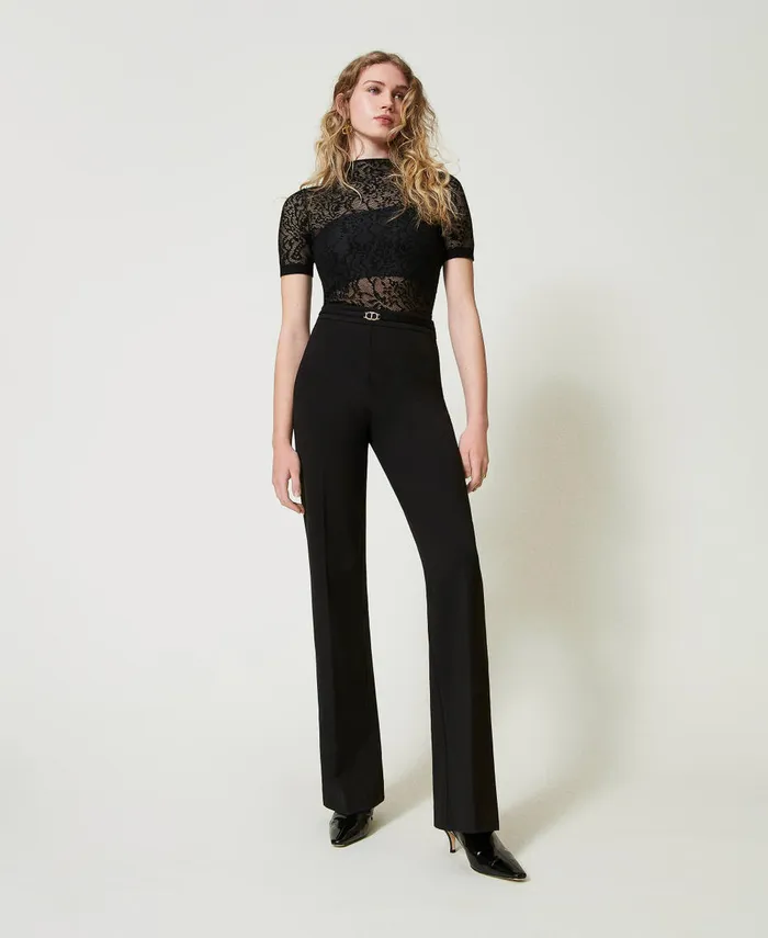 Twinset Straight Leg Trousers With Oval T Waist Strap Black Women Trousers