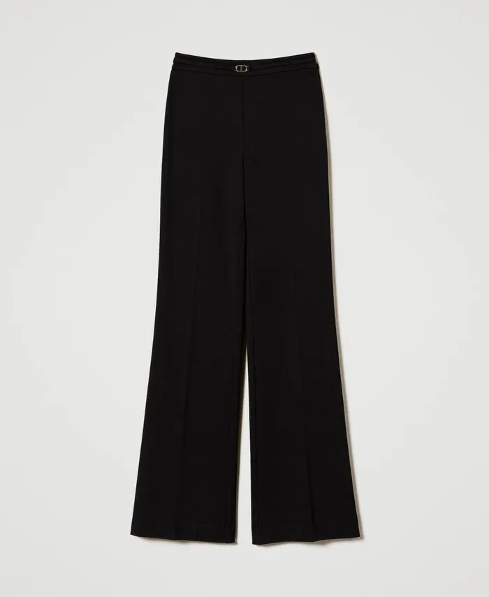Twinset Straight Leg Trousers With Oval T Waist Strap Black Women Trousers Twinset Straight Leg Trousers With Oval T Waist Strap Black Women Trousers