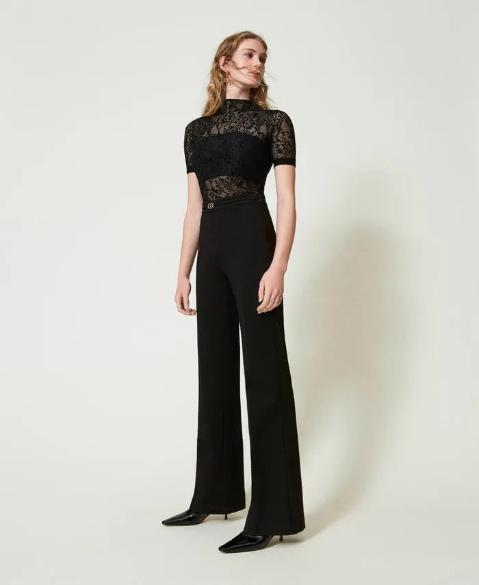 Twinset Straight Leg Trousers With Oval T Waist Strap Black Women Trousers Twinset Straight Leg Trousers With Oval T Waist Strap Black Women Trousers