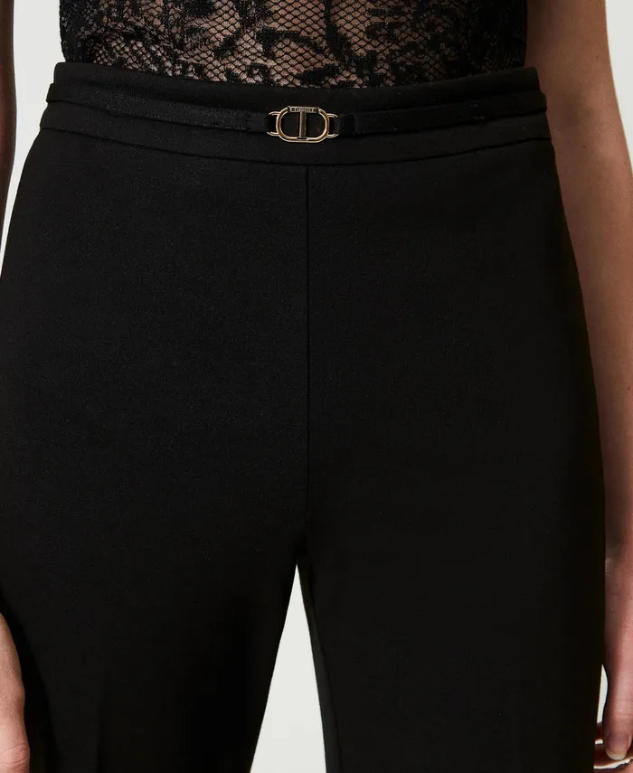 Twinset Straight Leg Trousers With Oval T Waist Strap Black Women Trousers Twinset Straight Leg Trousers With Oval T Waist Strap Black Women Trousers