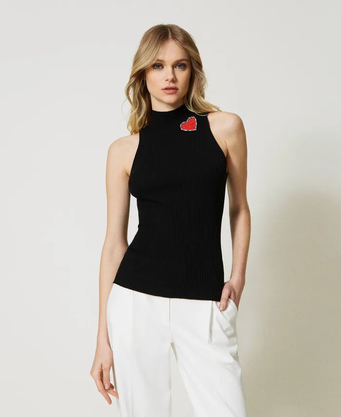 Twinset Striped Top With Brooch Black Women TShirts And Tops