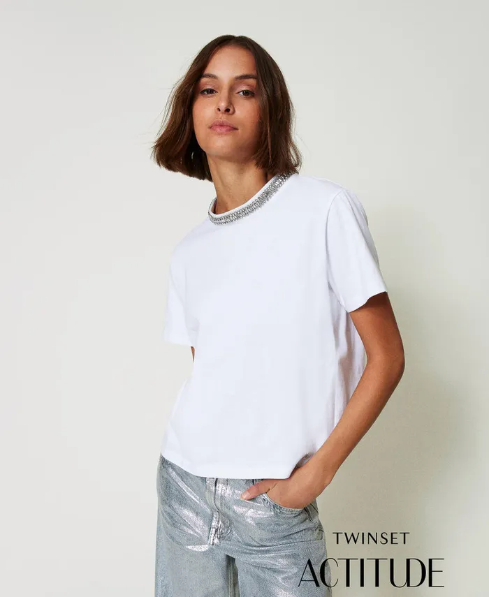 Twinset TShirt With Handmade Embroidery Papers White Women TShirts And Tops