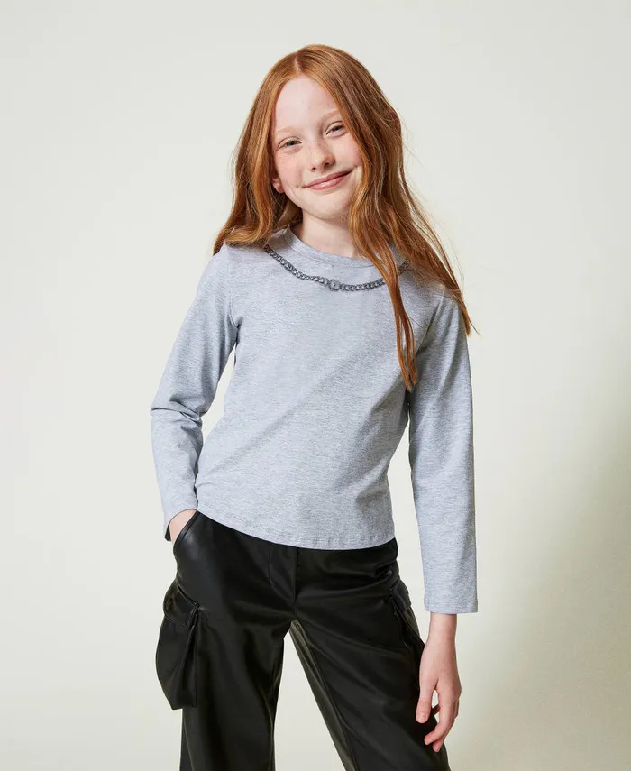 Twinset TShirt With Necklace Print And Rhinestones Light Mid Melange Grey Girl TShirts And Tops