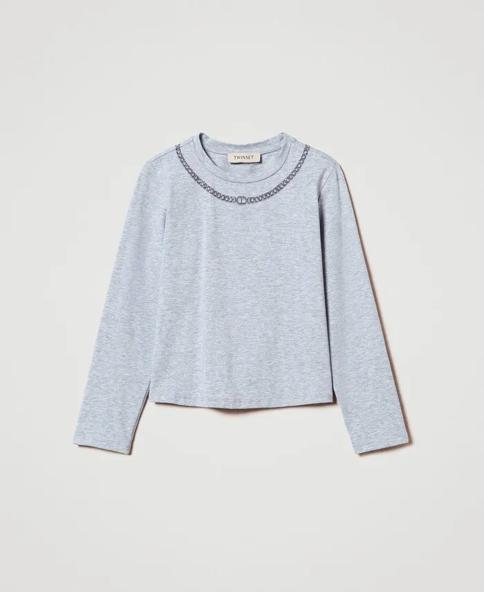 Twinset TShirt With Necklace Print And Rhinestones Light Mid Melange Grey Girl TShirts And Tops Twinset TShirt With Necklace Print And Rhinestones Light Mid Melange Grey Girl TShirts And Tops