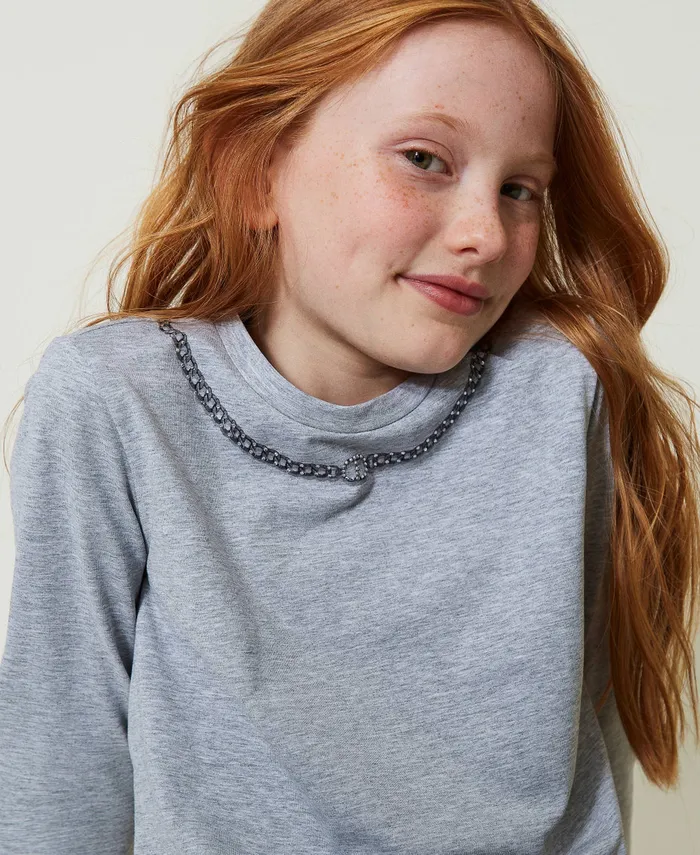 Twinset TShirt With Necklace Print And Rhinestones Light Mid Melange Grey Girl TShirts And Tops Twinset TShirt With Necklace Print And Rhinestones Light Mid Melange Grey Girl TShirts And Tops