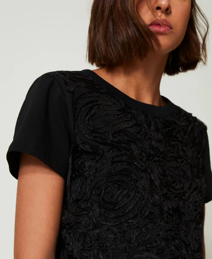 Twinset TShirt With Organza Embroidery Black Women TShirts And Tops
