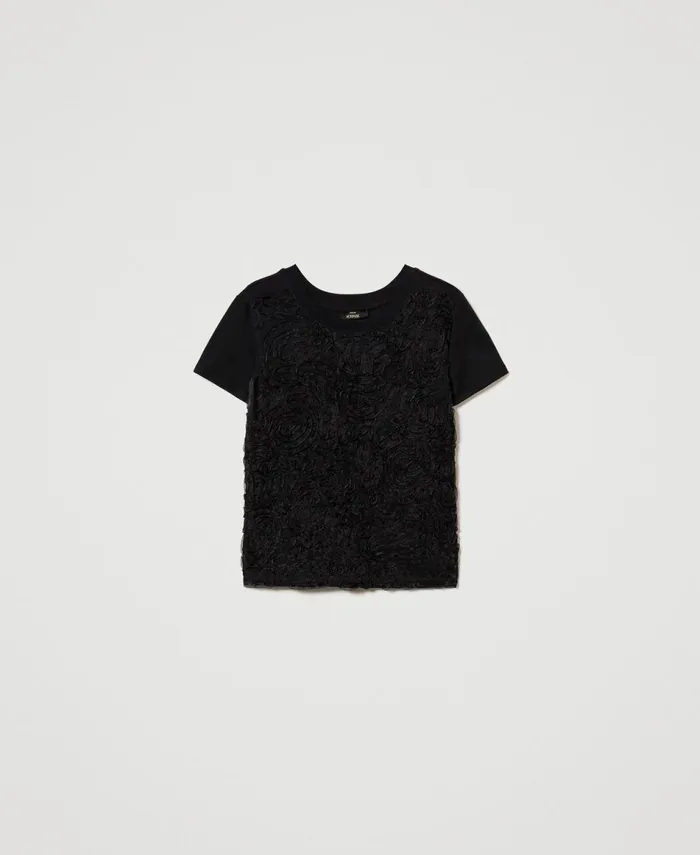 Twinset TShirt With Organza Embroidery Black Women TShirts And Tops Twinset TShirt With Organza Embroidery Black Women TShirts And Tops