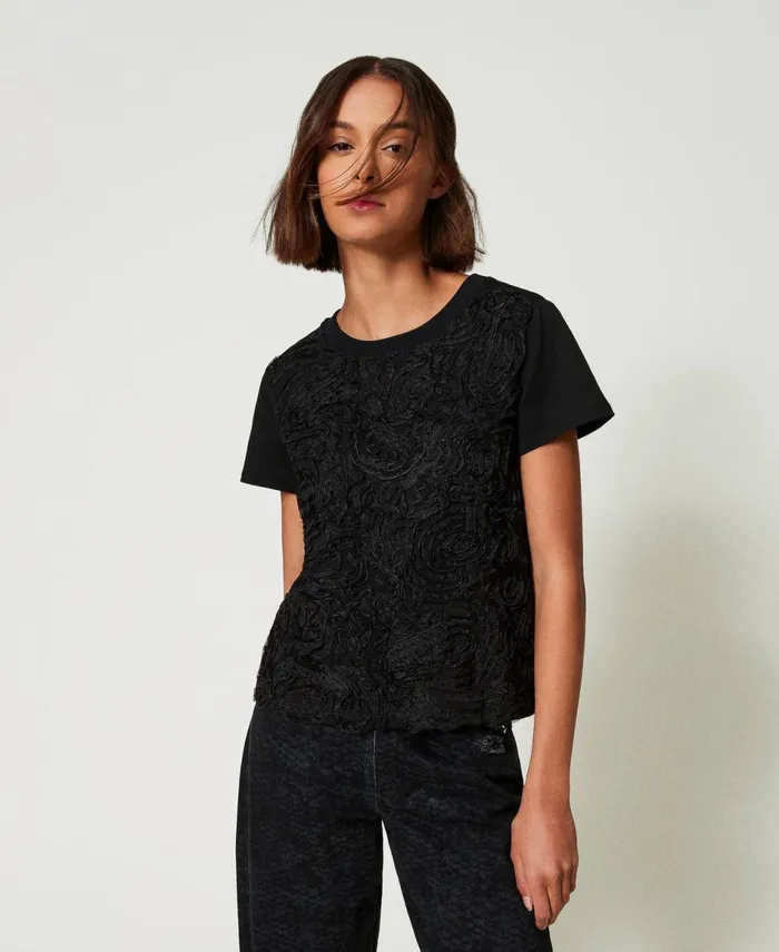 Twinset TShirt With Organza Embroidery Black Women TShirts And Tops Twinset TShirt With Organza Embroidery Black Women TShirts And Tops