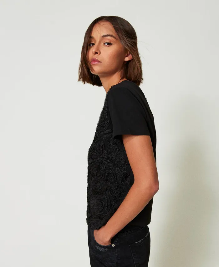 Twinset TShirt With Organza Embroidery Black Women TShirts And Tops Twinset TShirt With Organza Embroidery Black Women TShirts And Tops