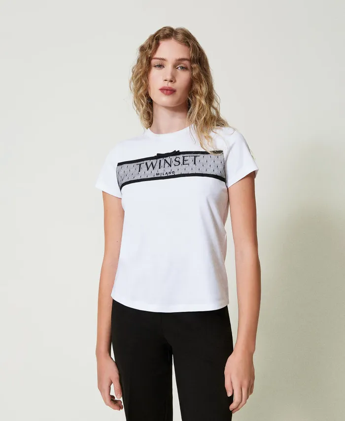 Twinset TShirt With Tulle Flounce And Embroidered Logo White Women TShirts And Tops