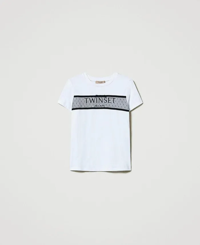 Twinset TShirt With Tulle Flounce And Embroidered Logo White Women TShirts And Tops Twinset TShirt With Tulle Flounce And Embroidered Logo White Women TShirts And Tops