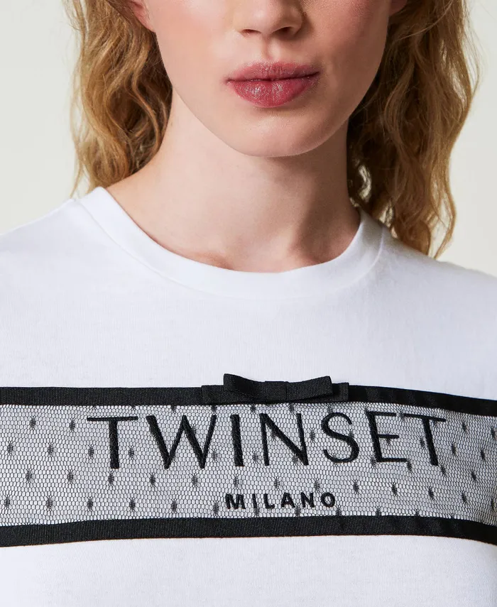 Twinset TShirt With Tulle Flounce And Embroidered Logo White Women TShirts And Tops Twinset TShirt With Tulle Flounce And Embroidered Logo White Women TShirts And Tops