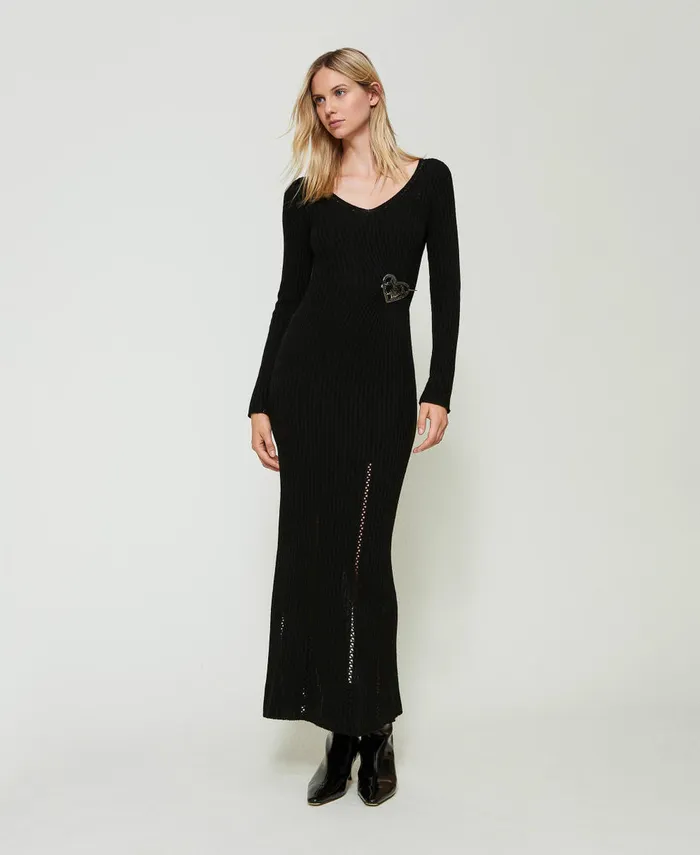 Twinset Treeblend Yarn Long Dress With Brooch Black Women Dresses