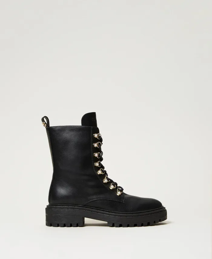 Twinset TrekkingStyle Combat Boots With Pearls Black Women Flat Shoes