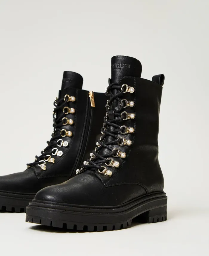 Twinset TrekkingStyle Combat Boots With Pearls Black Women Flat Shoes Twinset TrekkingStyle Combat Boots With Pearls Black Women Flat Shoes