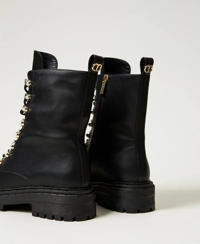 Twinset TrekkingStyle Combat Boots With Pearls Black Women Flat Shoes Twinset TrekkingStyle Combat Boots With Pearls Black Women Flat Shoes