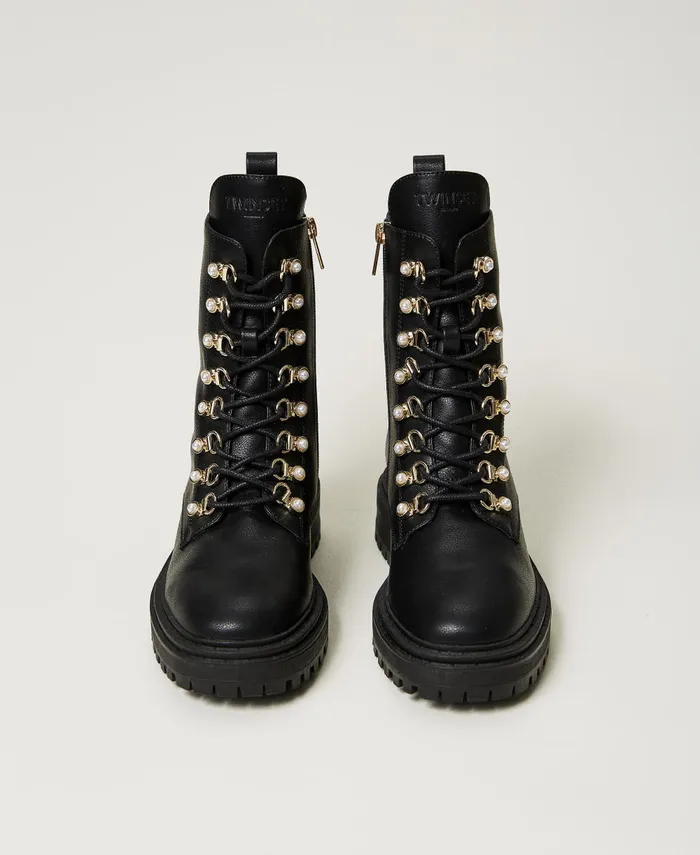Twinset TrekkingStyle Combat Boots With Pearls Black Women Flat Shoes Twinset TrekkingStyle Combat Boots With Pearls Black Women Flat Shoes