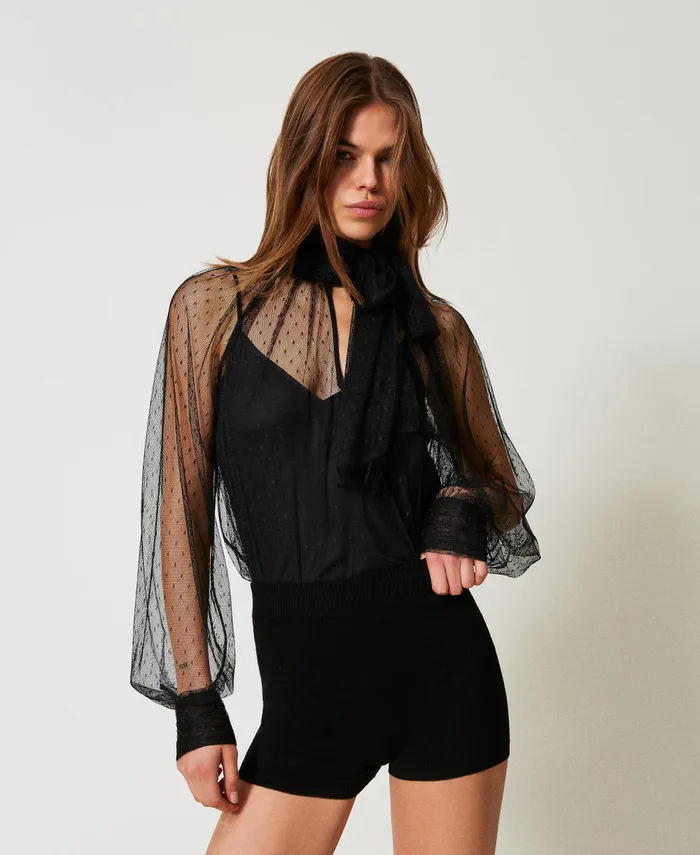 Twinset Tulle Blouse With Sash Collar Black Women Blouses And Shirts