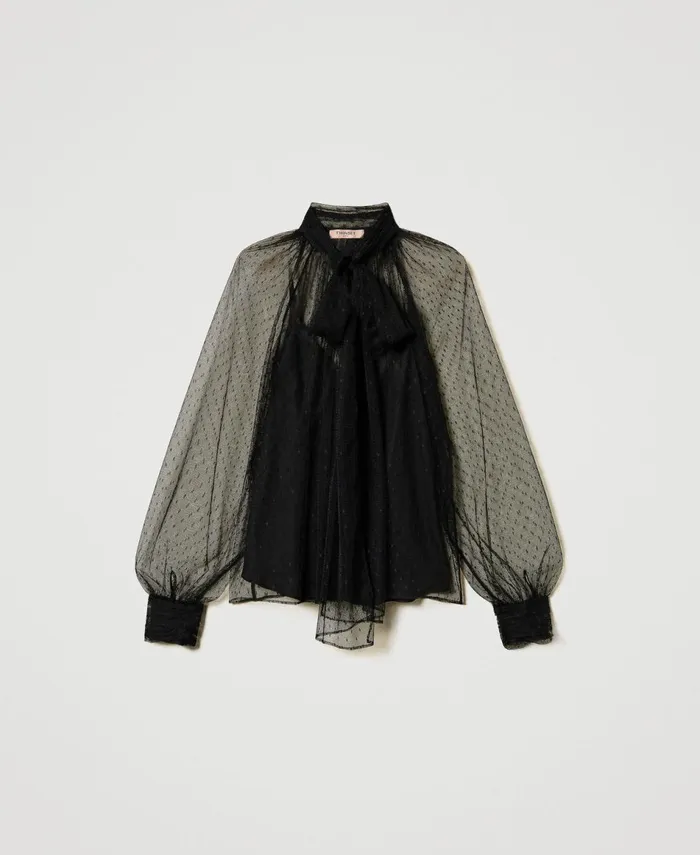 Twinset Tulle Blouse With Sash Collar Black Women Blouses And Shirts Twinset Tulle Blouse With Sash Collar Black Women Blouses And Shirts