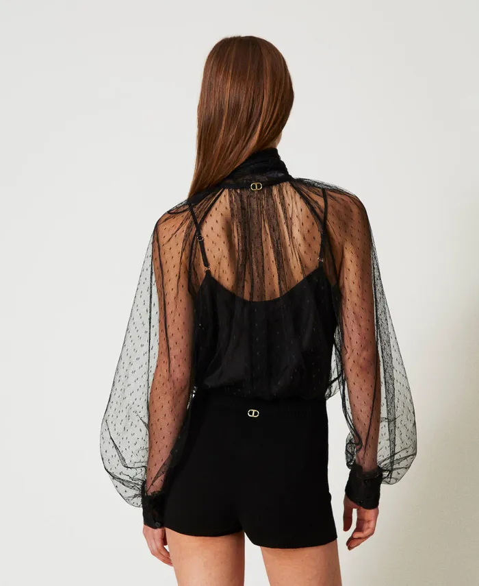 Twinset Tulle Blouse With Sash Collar Black Women Blouses And Shirts Twinset Tulle Blouse With Sash Collar Black Women Blouses And Shirts