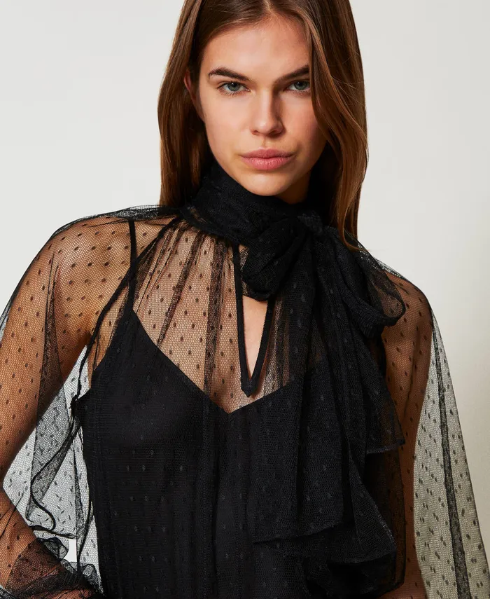 Twinset Tulle Blouse With Sash Collar Black Women Blouses And Shirts Twinset Tulle Blouse With Sash Collar Black Women Blouses And Shirts