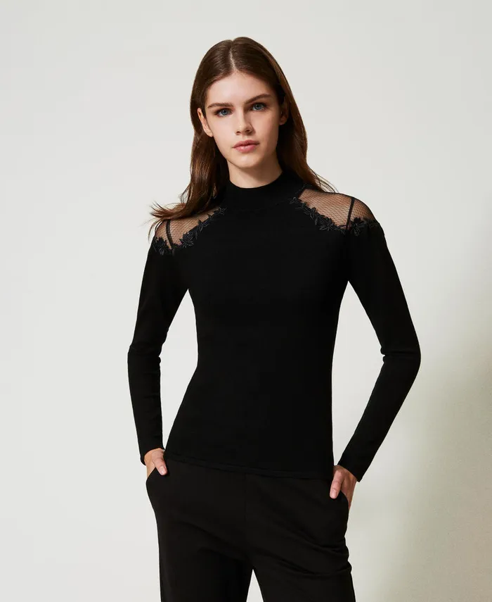 Twinset Turtleneck Jumper With Tulle And Embroidery Black Women Jumpers And Cardigans