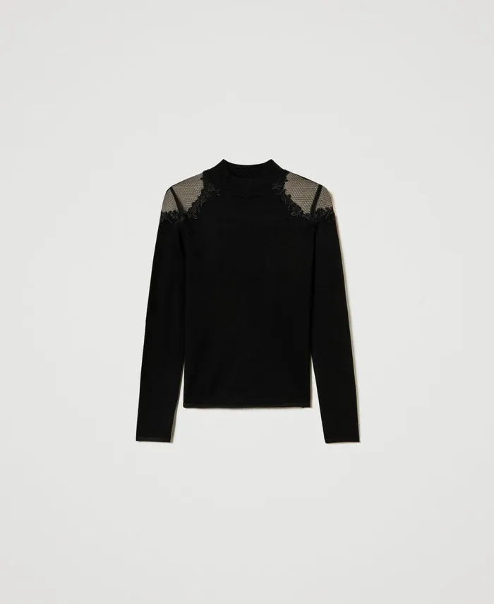 Twinset Turtleneck Jumper With Tulle And Embroidery Black Women Jumpers And Cardigans Twinset Turtleneck Jumper With Tulle And Embroidery Black Women Jumpers And Cardigans