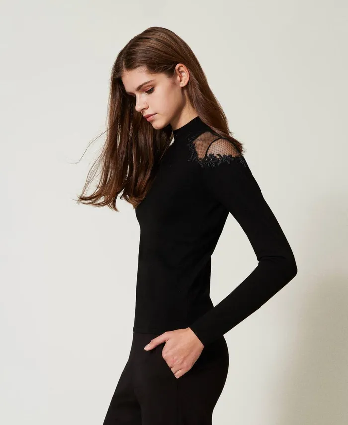 Twinset Turtleneck Jumper With Tulle And Embroidery Black Women Jumpers And Cardigans Twinset Turtleneck Jumper With Tulle And Embroidery Black Women Jumpers And Cardigans