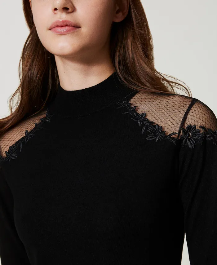 Twinset Turtleneck Jumper With Tulle And Embroidery Black Women Jumpers And Cardigans Twinset Turtleneck Jumper With Tulle And Embroidery Black Women Jumpers And Cardigans