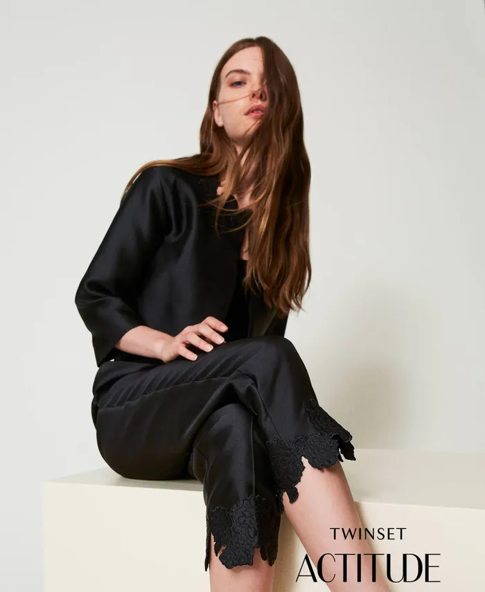Twinset Twill Trousers With Broderie Anglaise Black Women Suits And Sets