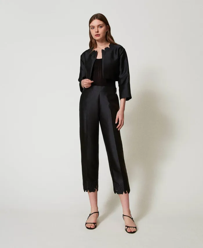 Twinset Twill Trousers With Broderie Anglaise Black Women Suits And Sets Twinset Twill Trousers With Broderie Anglaise Black Women Suits And Sets