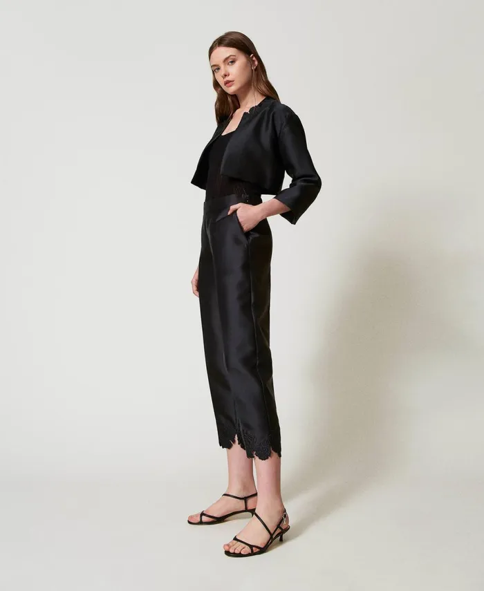 Twinset Twill Trousers With Broderie Anglaise Black Women Suits And Sets Twinset Twill Trousers With Broderie Anglaise Black Women Suits And Sets