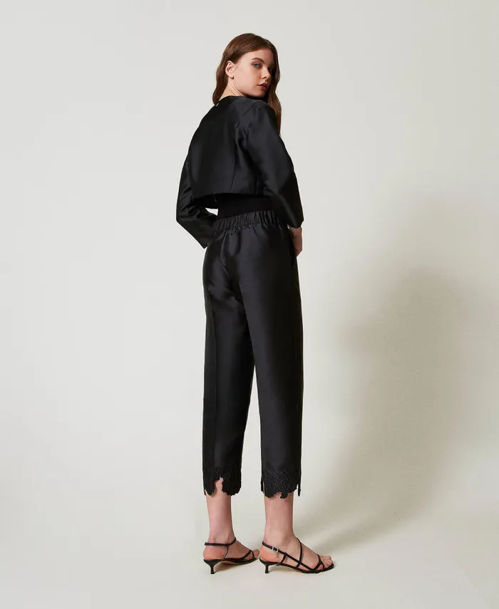 Twinset Twill Trousers With Broderie Anglaise Black Women Suits And Sets Twinset Twill Trousers With Broderie Anglaise Black Women Suits And Sets