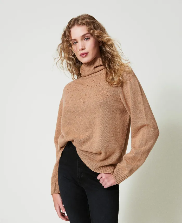 Twinset Wool And Lurex Blend High Neck Jumper Twotone Sandy Brown Lurex Gold Women Jumpers And Cardigans
