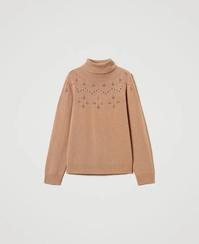 Twinset Wool And Lurex Blend High Neck Jumper Twotone Sandy Brown Lurex Gold Women Jumpers And Cardigans Twinset Wool And Lurex Blend High Neck Jumper Twotone Sandy Brown Lurex Gold Women Jumpers And Cardigans