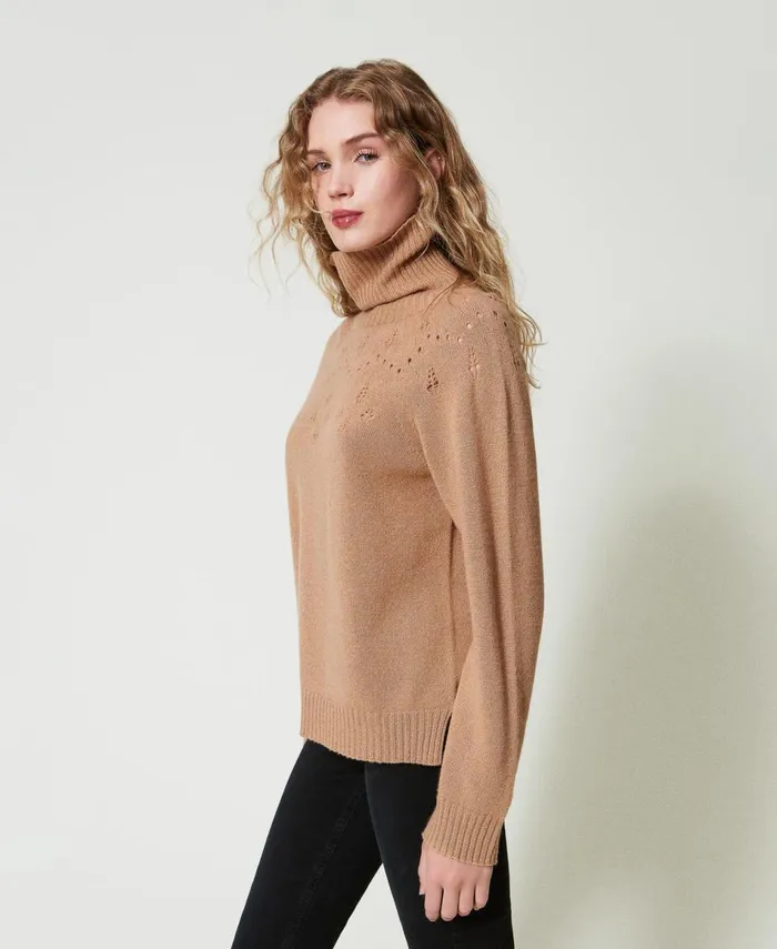 Twinset Wool And Lurex Blend High Neck Jumper Twotone Sandy Brown Lurex Gold Women Jumpers And Cardigans Twinset Wool And Lurex Blend High Neck Jumper Twotone Sandy Brown Lurex Gold Women Jumpers And Cardigans