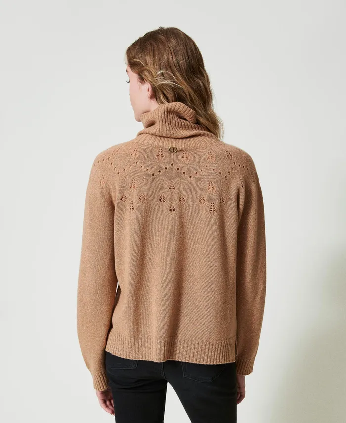 Twinset Wool And Lurex Blend High Neck Jumper Twotone Sandy Brown Lurex Gold Women Jumpers And Cardigans Twinset Wool And Lurex Blend High Neck Jumper Twotone Sandy Brown Lurex Gold Women Jumpers And Cardigans
