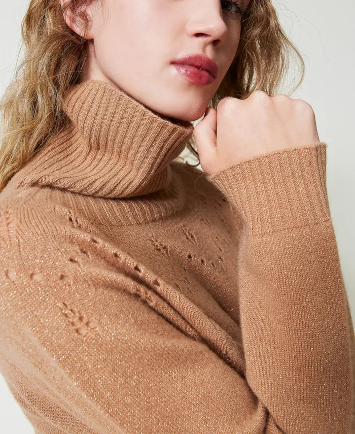 Twinset Wool And Lurex Blend High Neck Jumper Twotone Sandy Brown Lurex Gold Women Jumpers And Cardigans Twinset Wool And Lurex Blend High Neck Jumper Twotone Sandy Brown Lurex Gold Women Jumpers And Cardigans