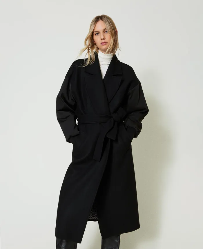 Twinset Wool Blend Cloth Coat Black Women Jackets And Outerwear