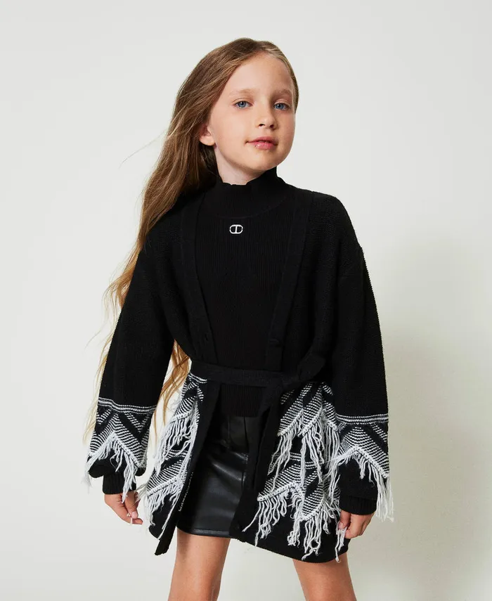 Twinset Wool Blend Knit Coat With Fringes Bicolour Black Off White Girl Jackets And Outerwear Twinset Wool Blend Knit Coat With Fringes Bicolour Black Off White Girl Jackets And Outerwear