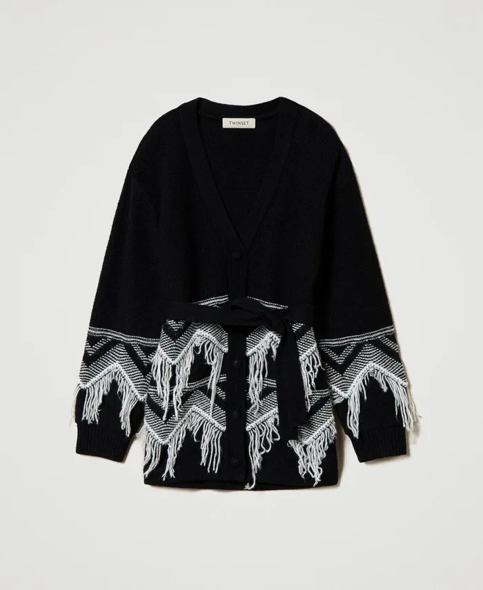 Twinset Wool Blend Knit Coat With Fringes Bicolour Black Off White Girl Jackets And Outerwear Twinset Wool Blend Knit Coat With Fringes Bicolour Black Off White Girl Jackets And Outerwear
