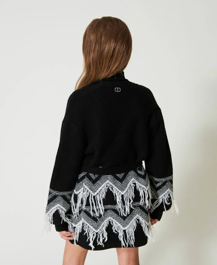 Twinset Wool Blend Knit Coat With Fringes Bicolour Black Off White Girl Jackets And Outerwear Twinset Wool Blend Knit Coat With Fringes Bicolour Black Off White Girl Jackets And Outerwear