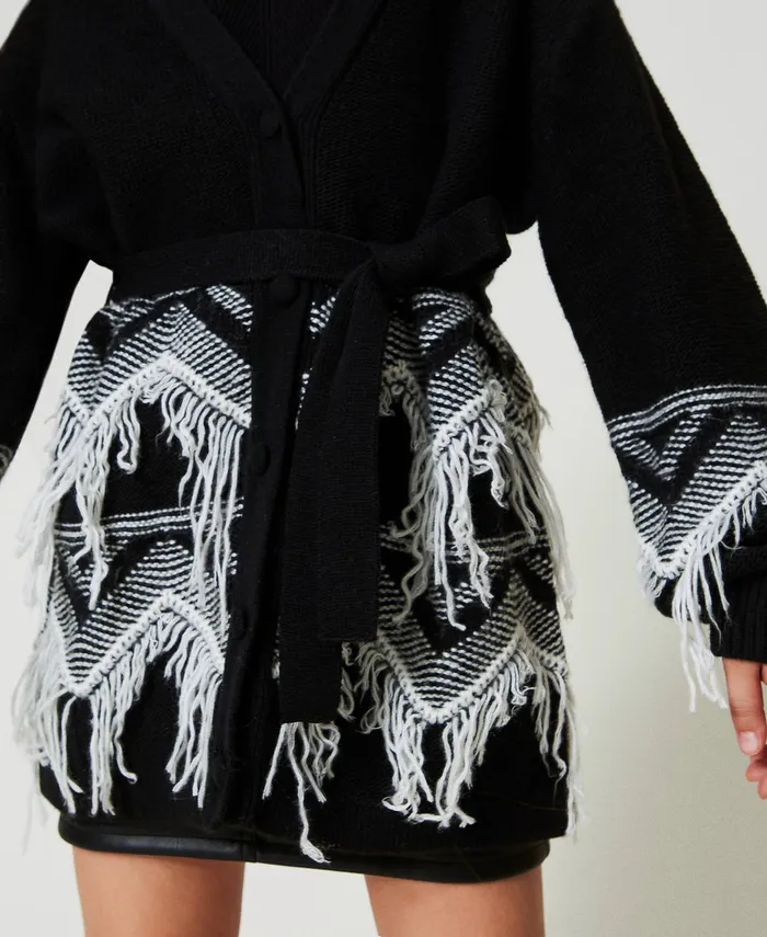 Twinset Wool Blend Knit Coat With Fringes Bicolour Black Off White Girl Jackets And Outerwear Twinset Wool Blend Knit Coat With Fringes Bicolour Black Off White Girl Jackets And Outerwear