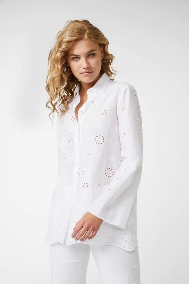 Van Laack Casual Blouses Women Cotton Blouse With Bell Sleeves And Broderie Anglaise White Van Laack Casual Blouses Women Cotton Blouse With Bell Sleeves And Broderie Anglaise White