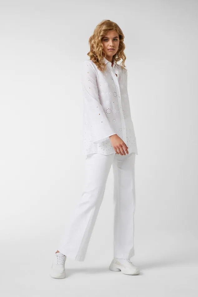 Van Laack Casual Blouses Women Cotton Blouse With Bell Sleeves And Broderie Anglaise White Van Laack Casual Blouses Women Cotton Blouse With Bell Sleeves And Broderie Anglaise White
