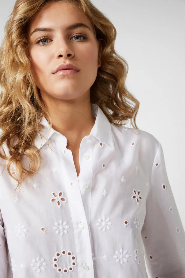 Van Laack Casual Blouses Women Cotton Blouse With Bell Sleeves And Broderie Anglaise White Van Laack Casual Blouses Women Cotton Blouse With Bell Sleeves And Broderie Anglaise White